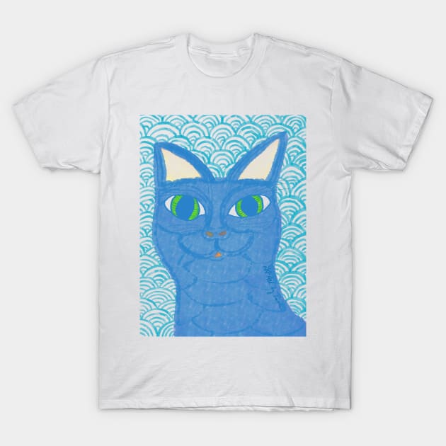 Blue cat with Japanese waves T-Shirt by Pragonette